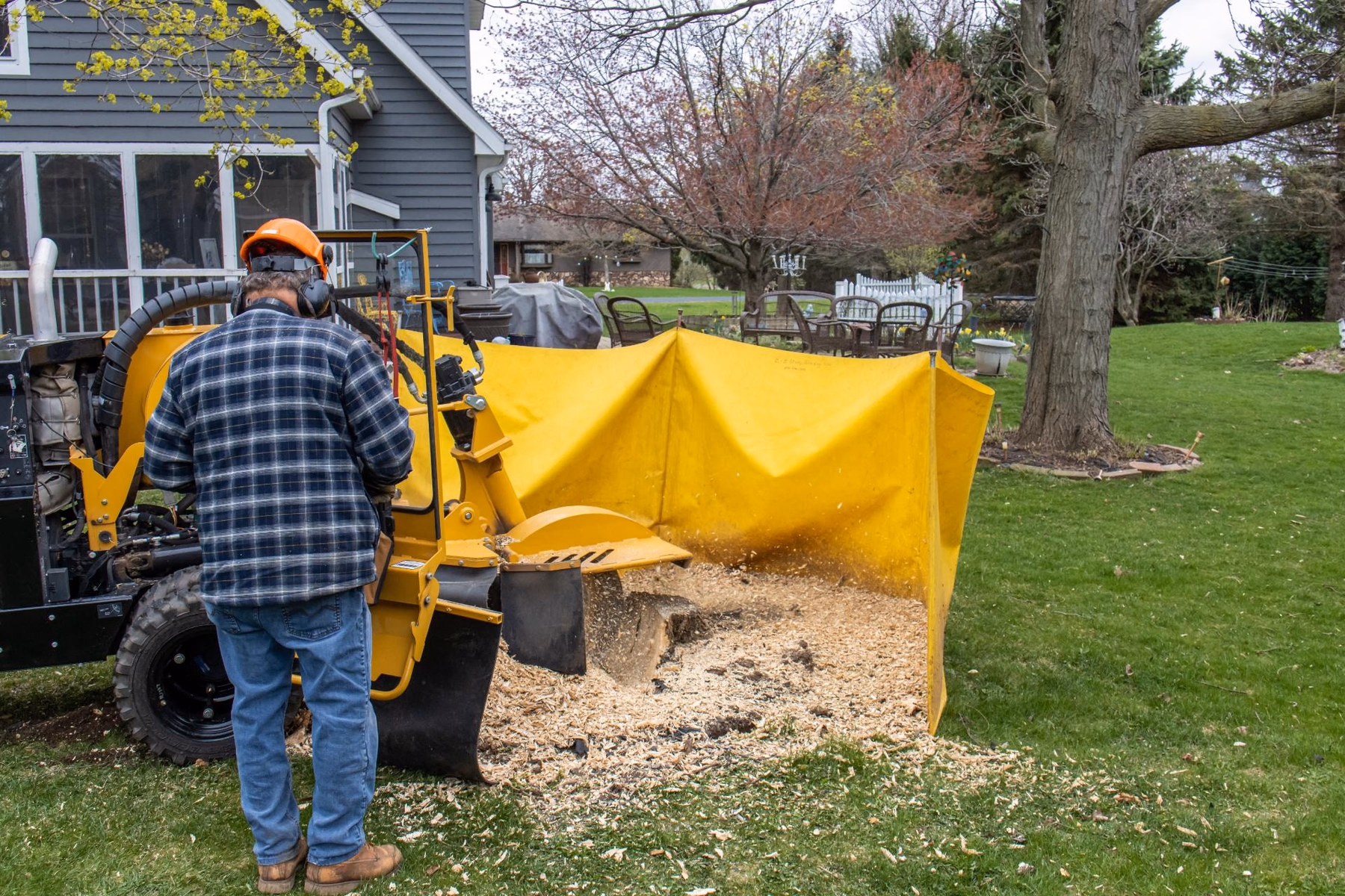 Operator running a stump grinder in a backyard