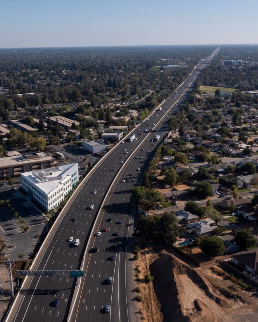 Aerial view of Roseville along the freeway