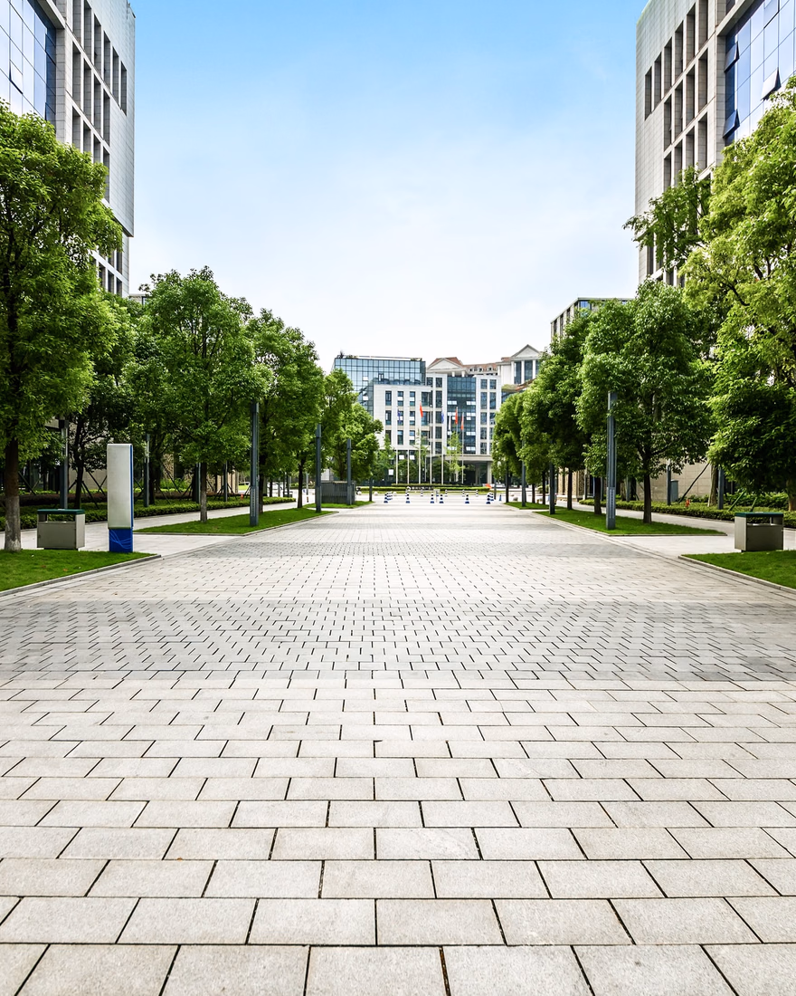 Tree-lined plaza with rows of shade trees