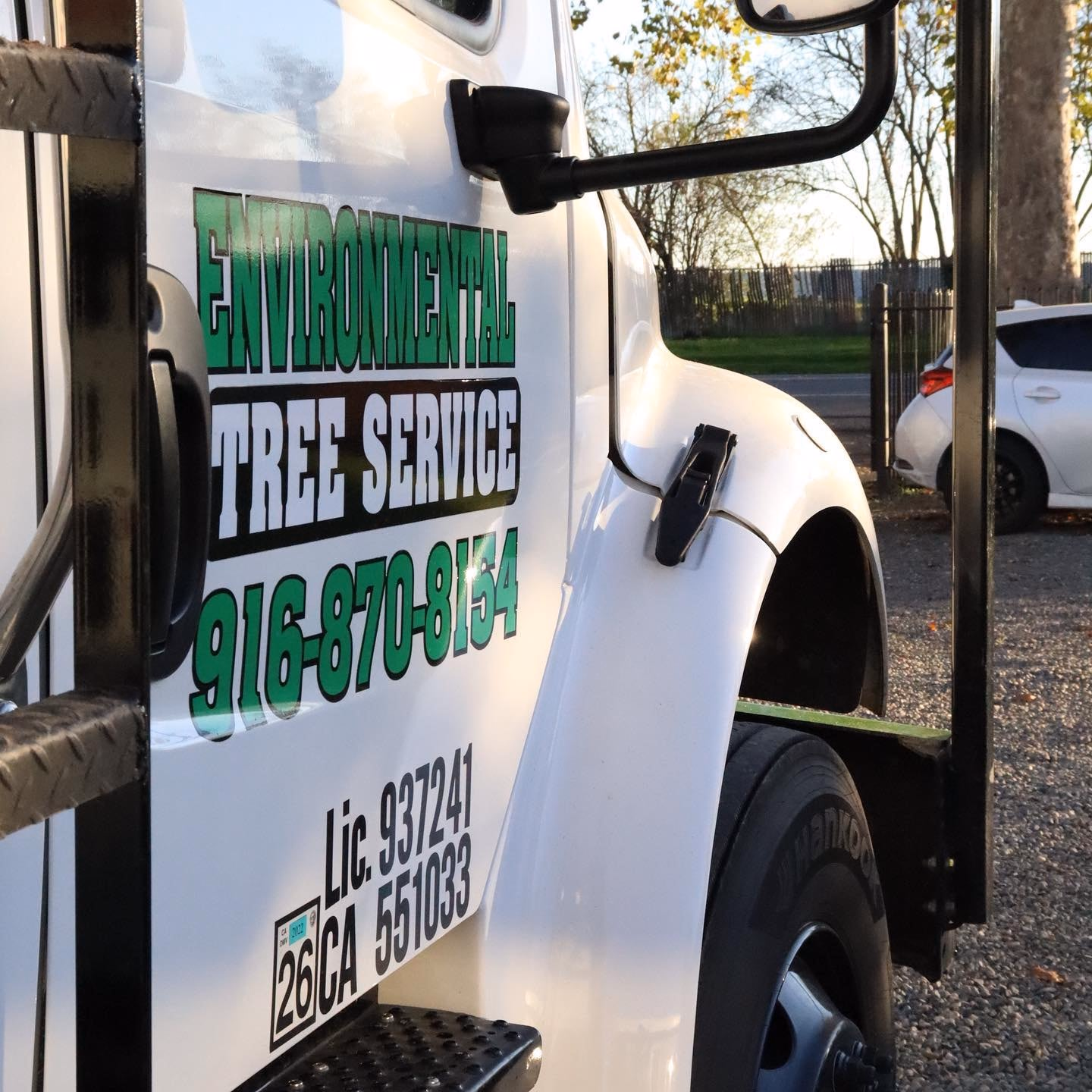 Environmental Tree Service: truck door with the company logo, phone number and license